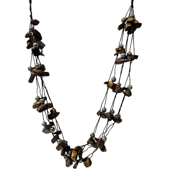 Boho Tigers Eye Silver Tone Beaded Multi Strand Necklace Courage Strength Women - Picture 1 of 7